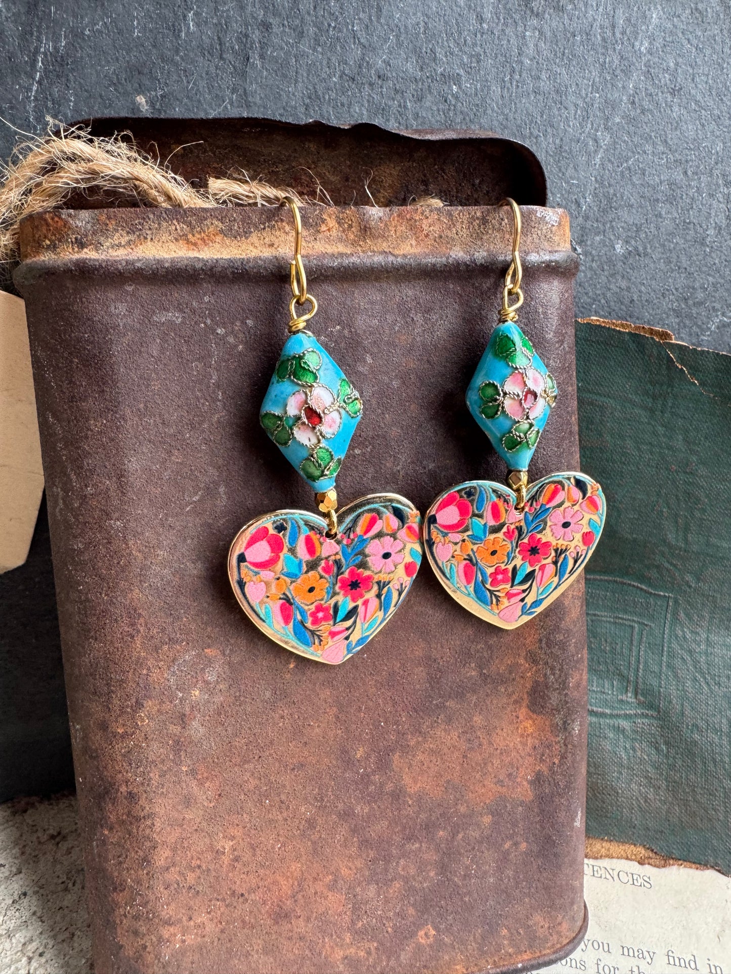 Enamel floral charm and floral cloisonné bead, lightweight earrings