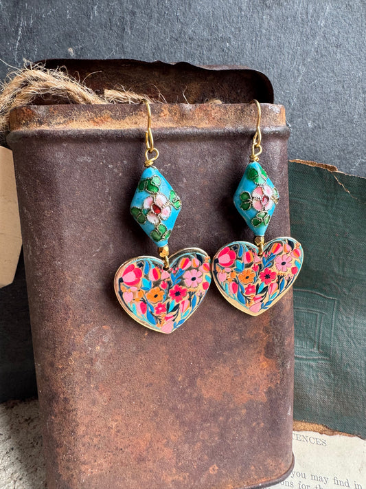 Enamel floral charm and floral cloisonné bead, lightweight earrings