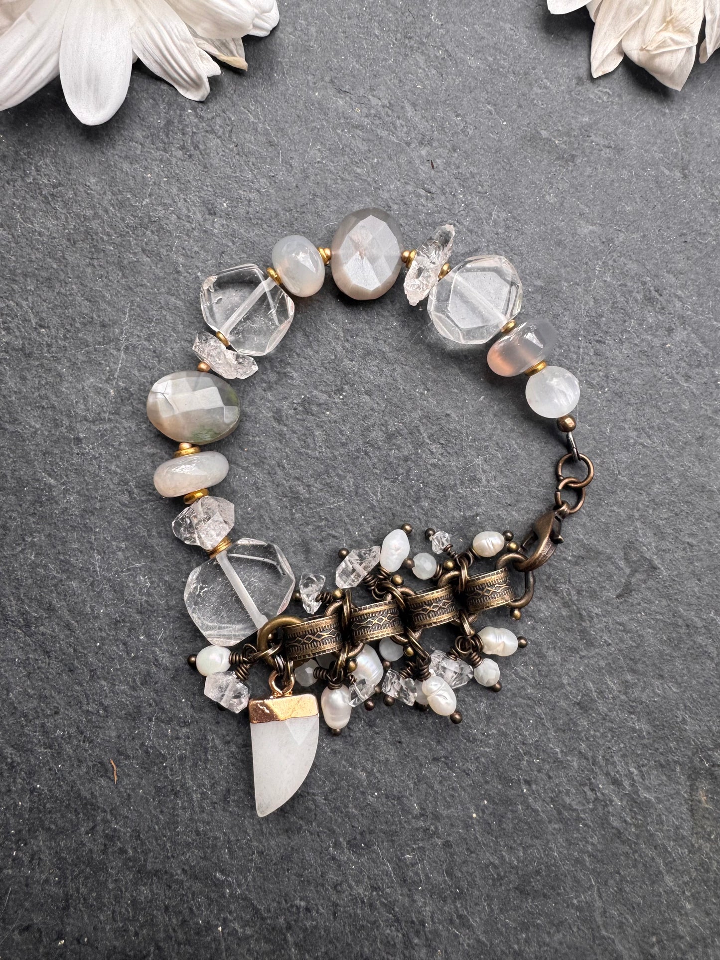 Moonstone, Herkimer diamond, clear quartz, selenite, bronze metal, bracelet