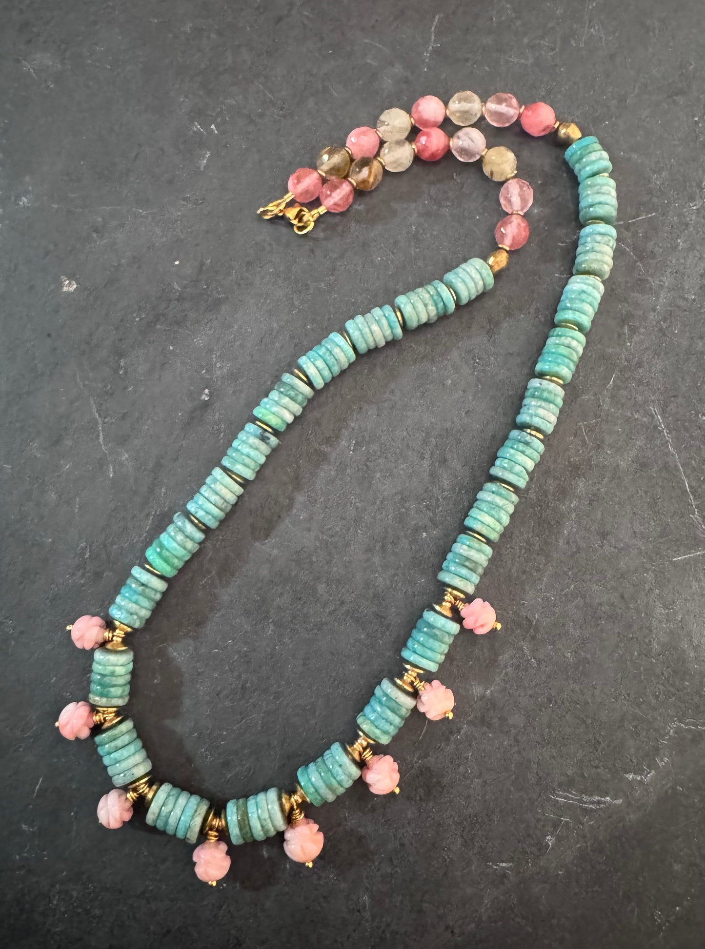 Natural Sea Blue Peruvian Amazonite stone, pink opal carved flowers, agate, brass metal, Necklace (vintage beads)