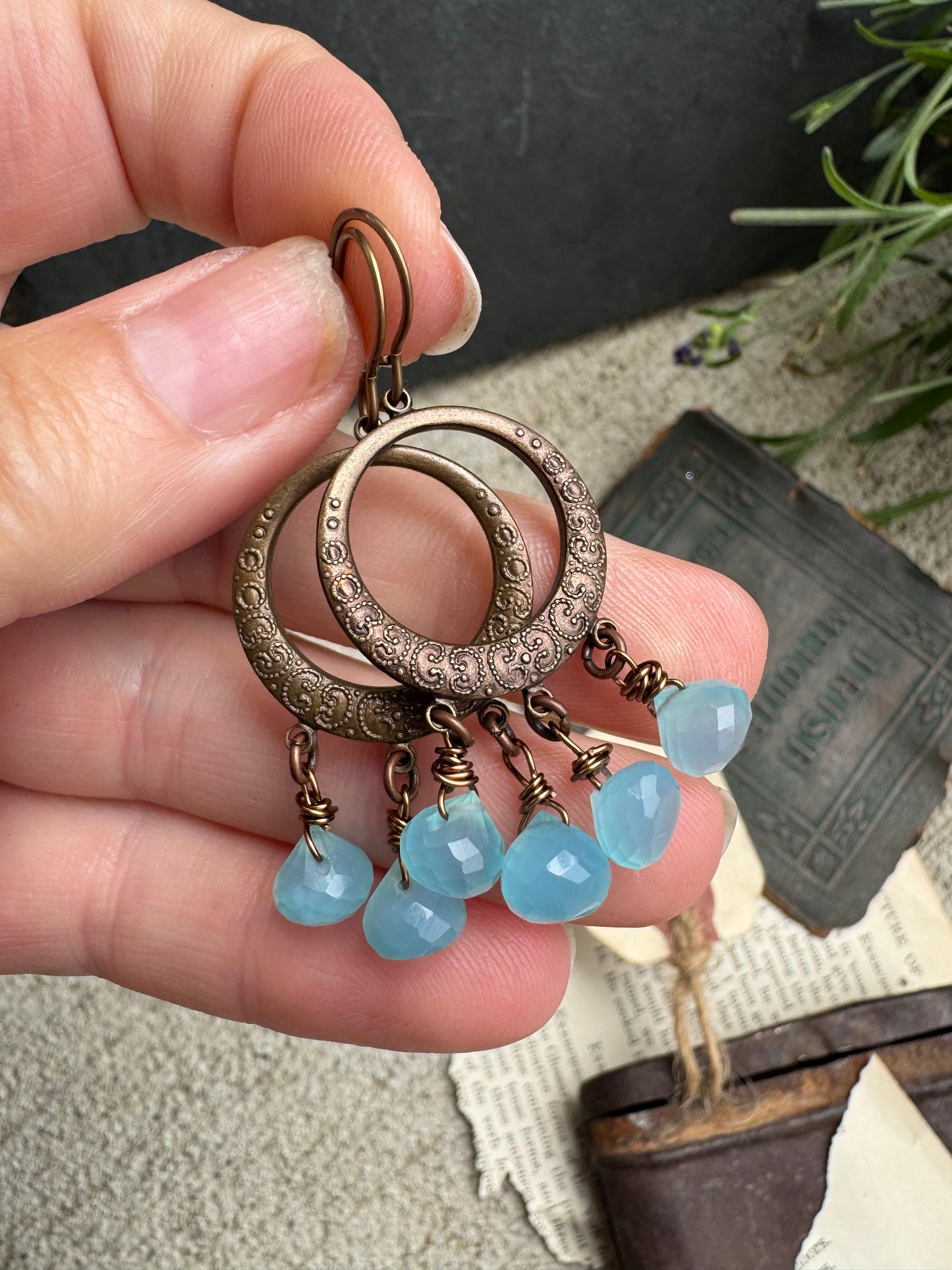 Blue stone, bronze metal, earrings