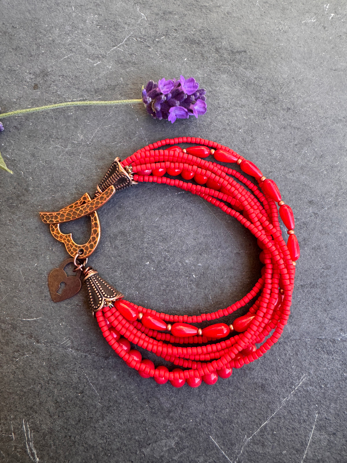 Coral beads, Red glass seed bead, copper metal, bracelet