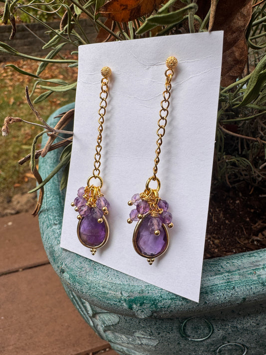 Amethyst stone, gold metal, drop earrings