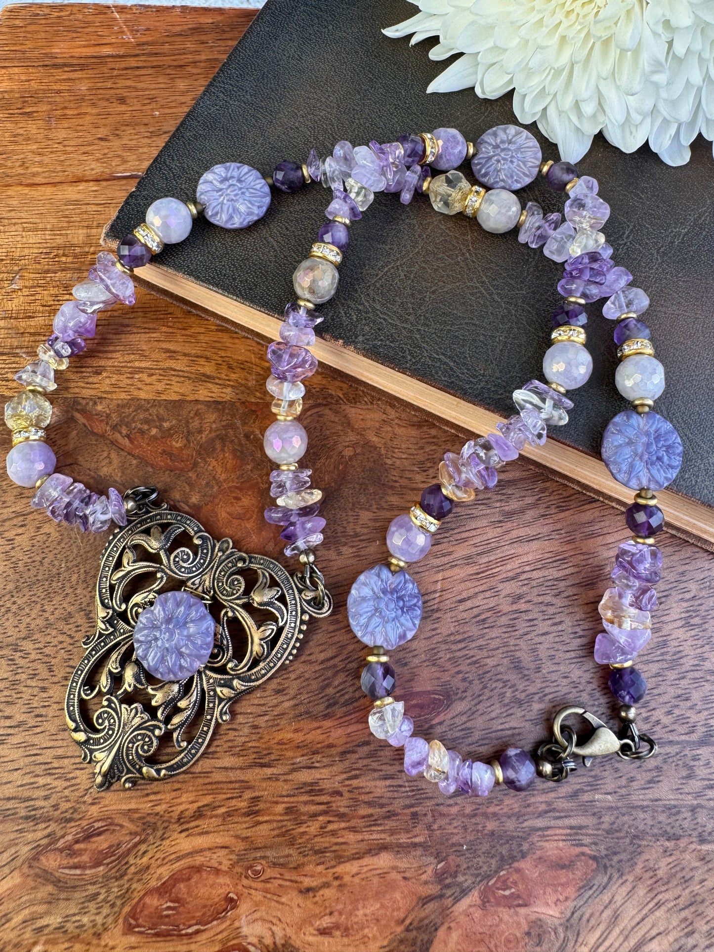 Amethyst stone, Ametrine stone, Czech glass, Vintaj brass metal, necklace