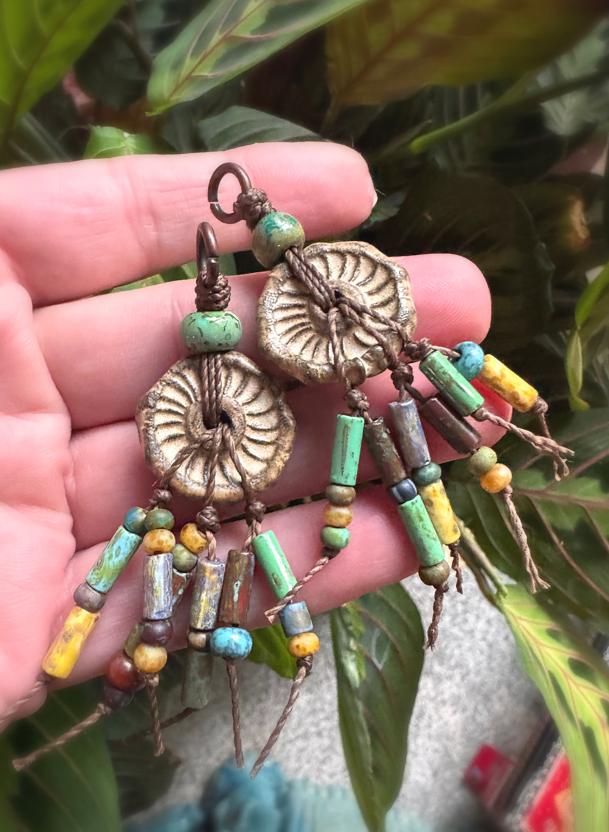 Ceramic  charms, Czech glass, copper metal, earrings