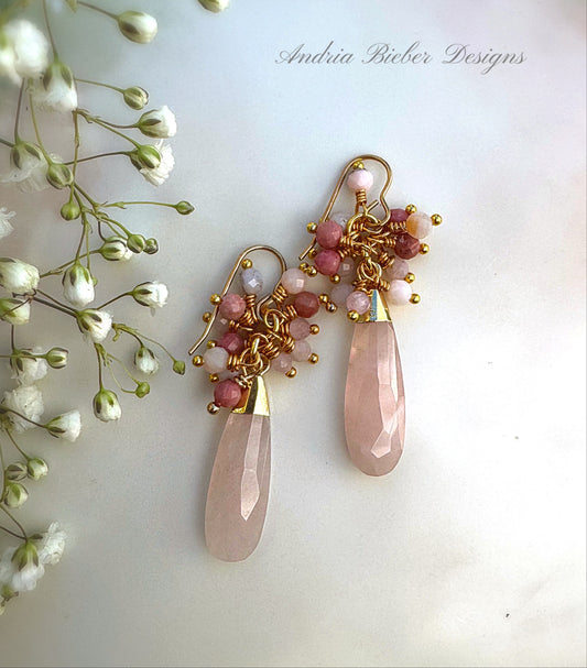 Rose quartz drops, pink Opal , gold metal, earrings