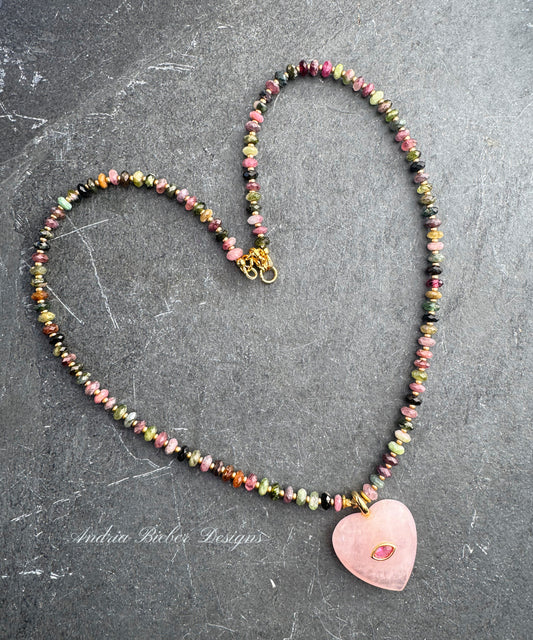 Watermelon tourmaline stone, Heart rose quartz pendant, gold metal, necklace