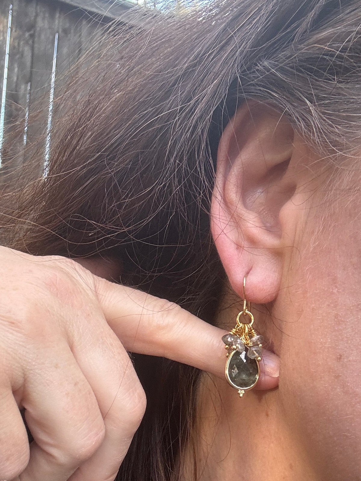 Labradorite stone, gold metal, drop, earrings