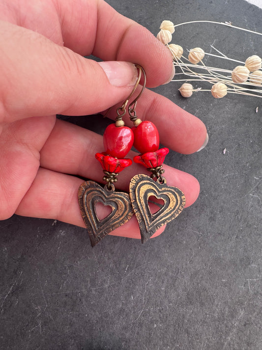Heart bronze metal charms, glass beads and brass metal, earrings