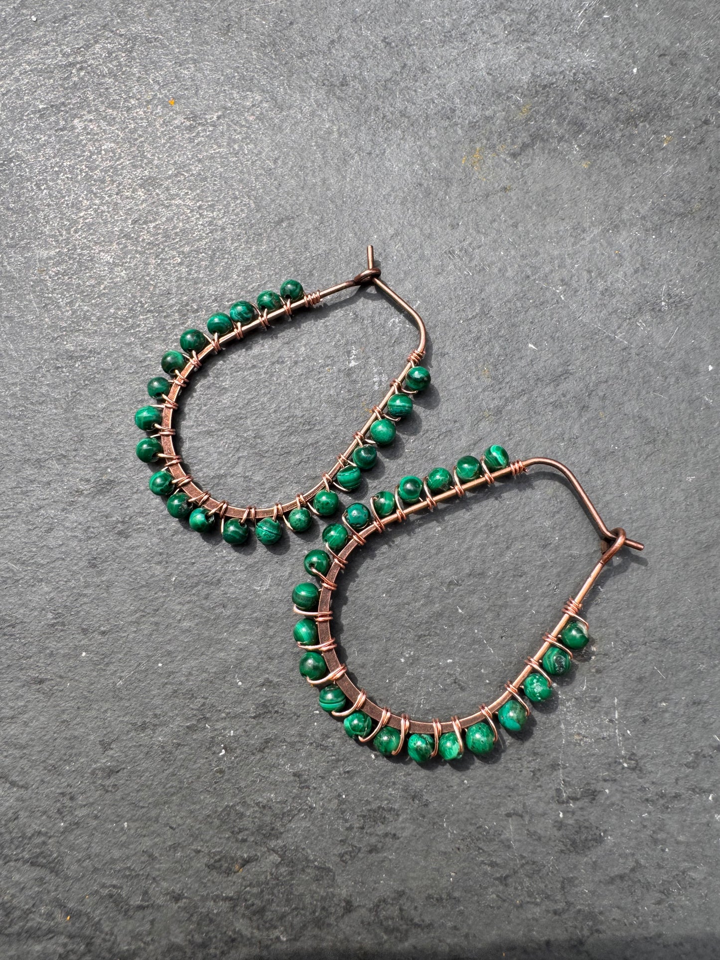 Malachite stone, copper metal hoop, earrings