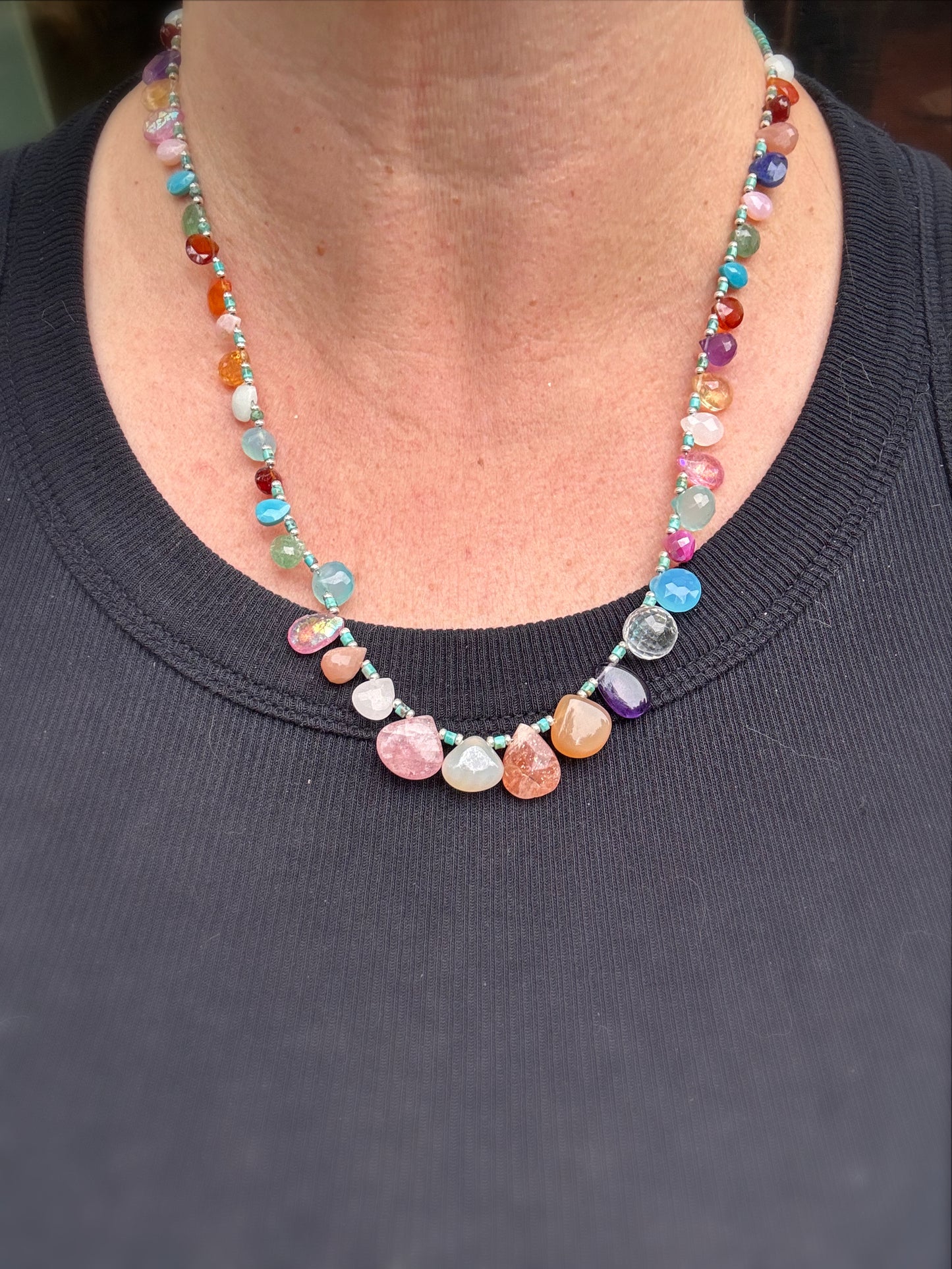 Mixed gemstone teardrop and briolette beads with Hubei Turquoise and silver rhinestone clasp, necklace .