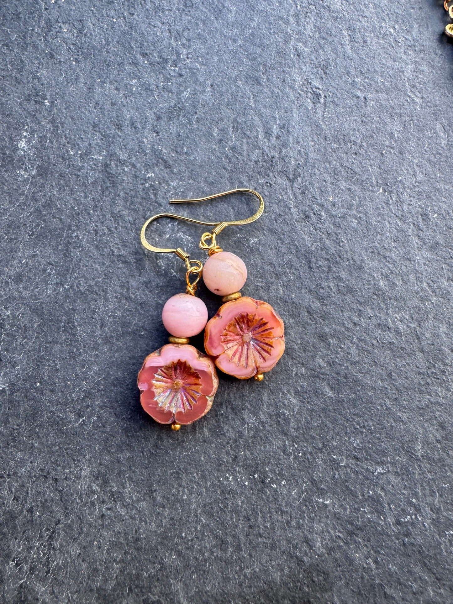 Pink opal, Czech glass, brass metal, earrings