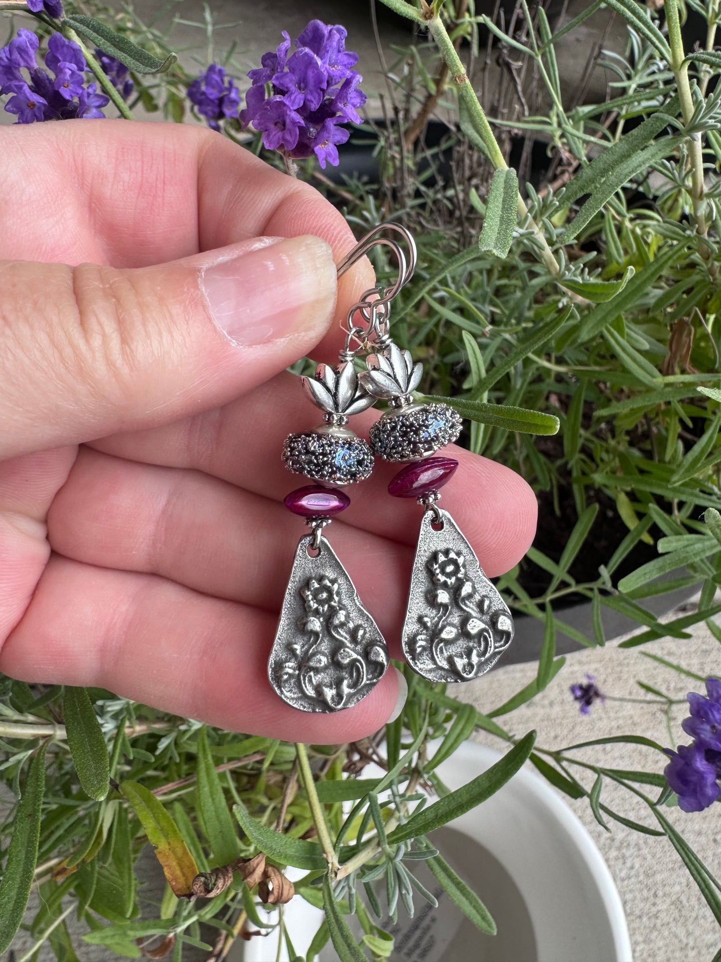 Handmade lampwork glass, silver pewter flower charm, shell, earrings