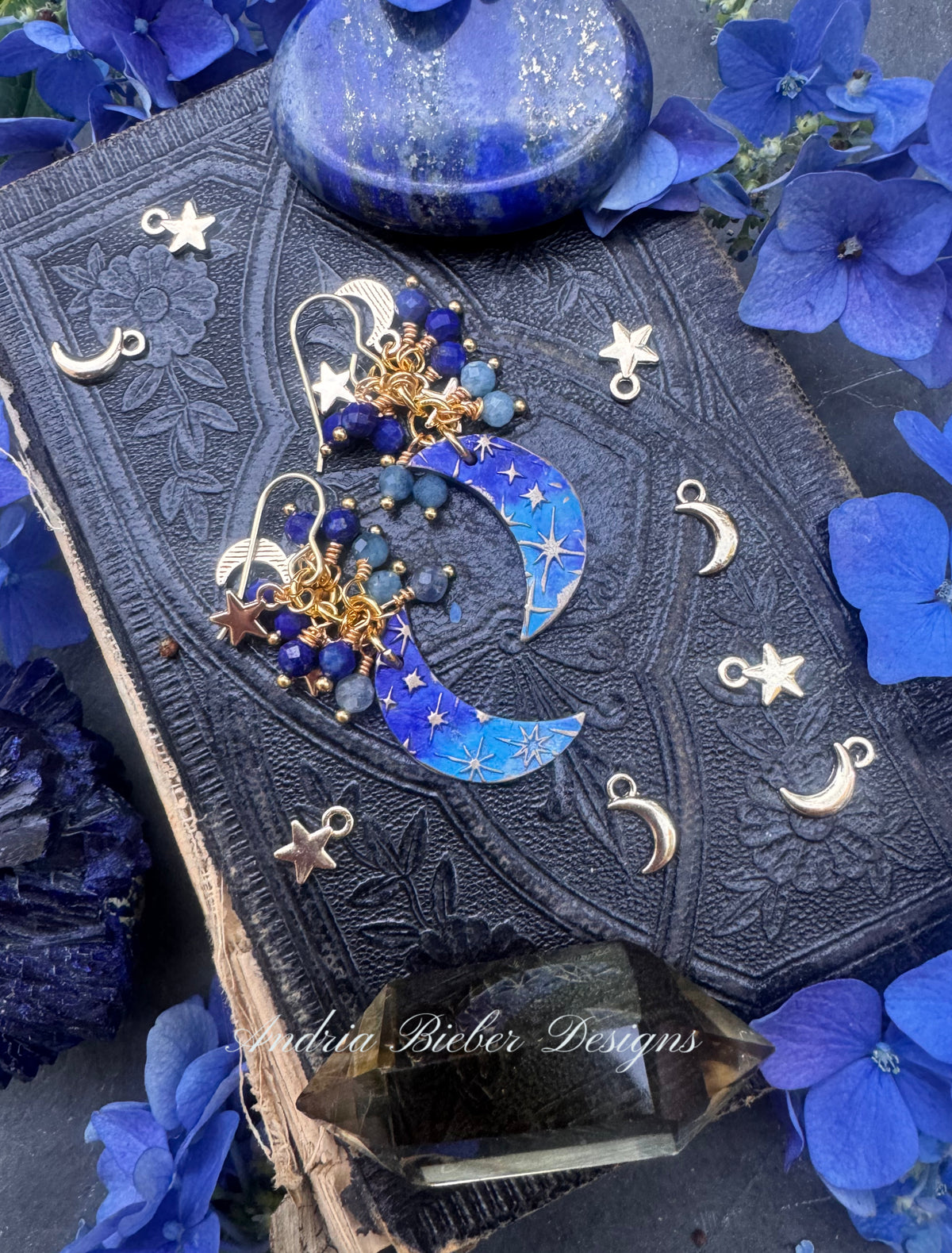 Lapis stone, aquamarine stone, ￼bronze and gold metal, blue moon earrings