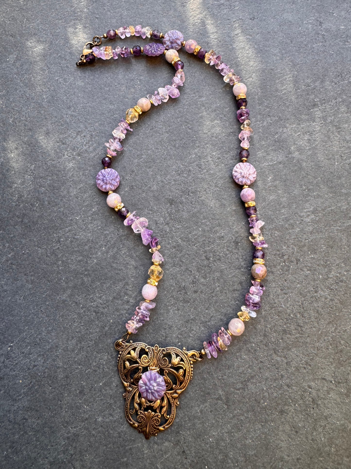 Amethyst stone, Ametrine stone, Czech glass, Vintaj brass metal, necklace