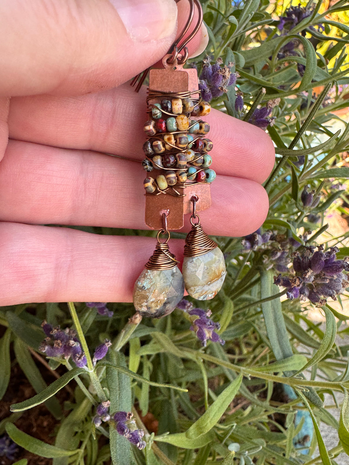 Genstone drops, Czech glass, copper metal, earrings