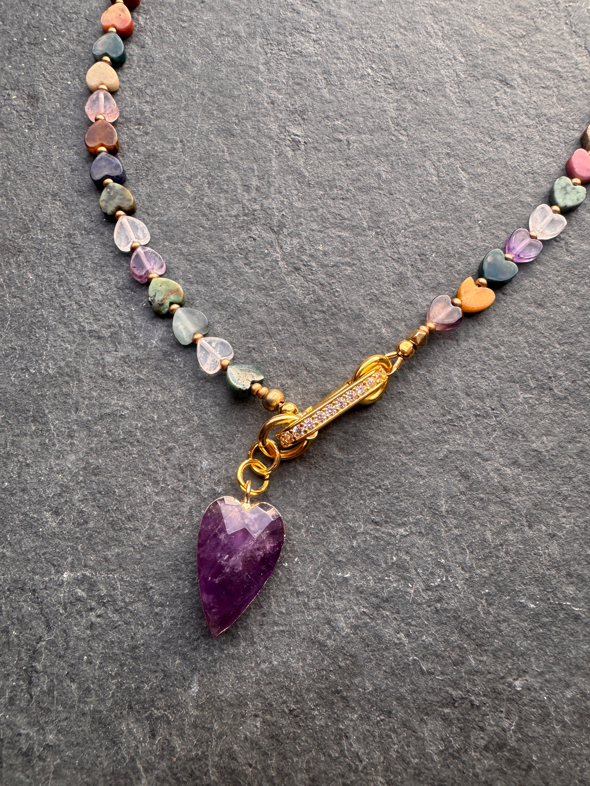 Mixed gemstone hearts, amethyst stone pendant, rhinestone clasp, necklace