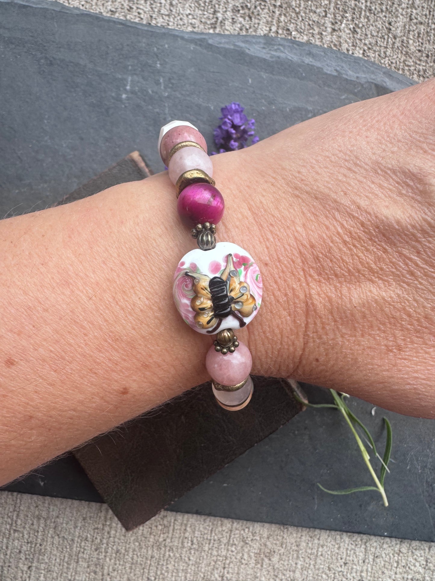 Mixed stone, glass, brass metal, bracelet.
