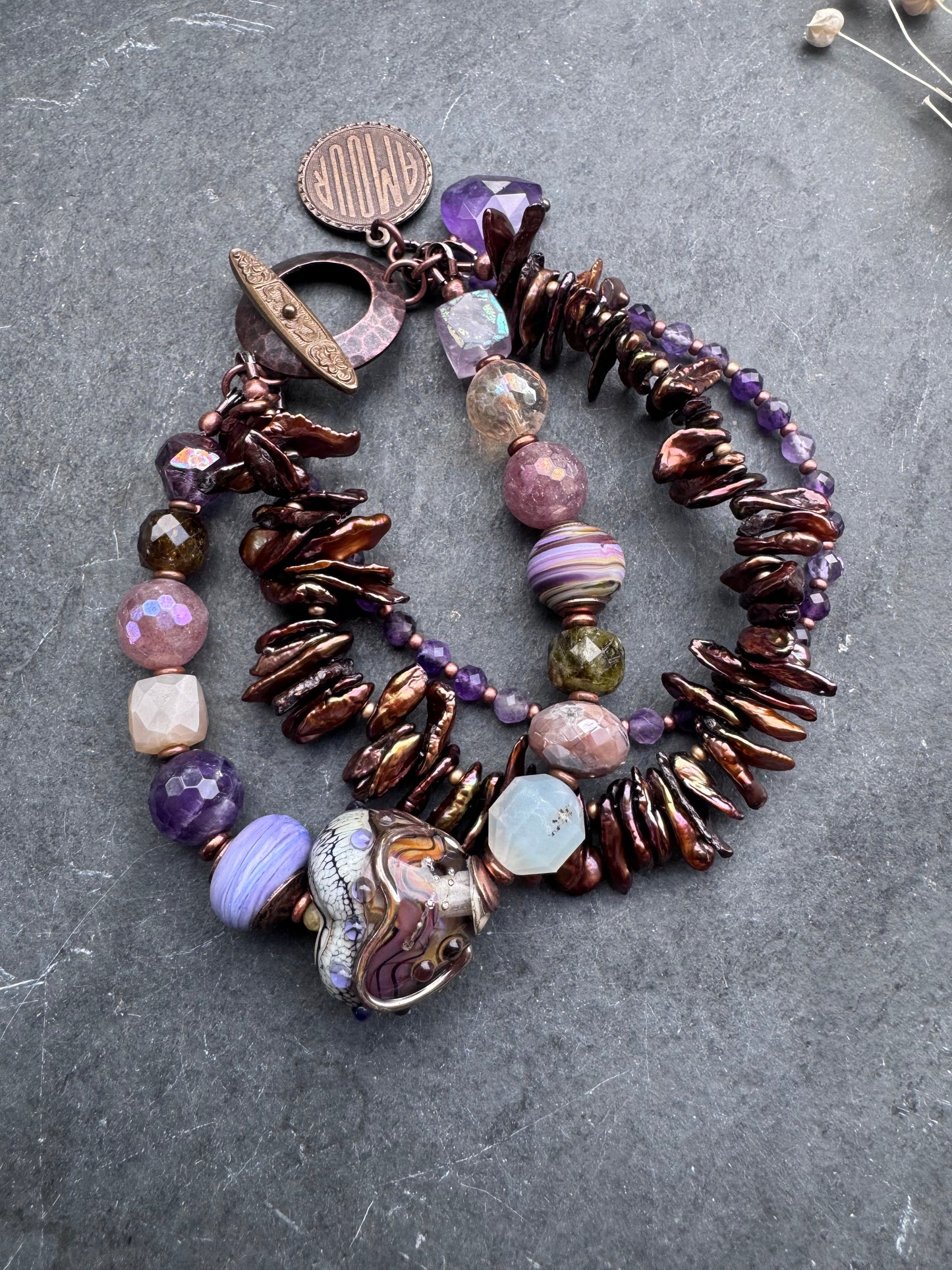 Amour. lampwork glass, amethyst, citrine, strawberry quartz, moonstone, green garnet, pearls, bracelet.