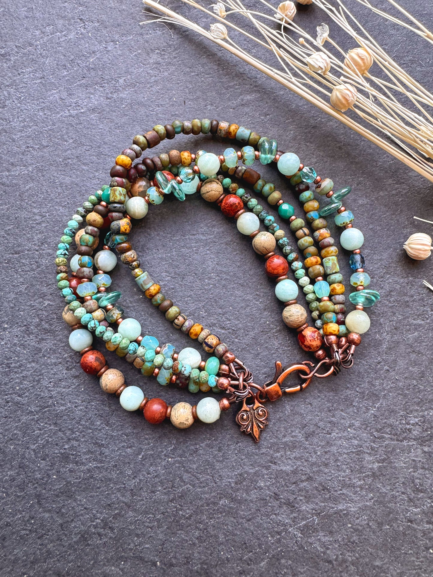 Amazonite, huebei turquoise, Czech glass, jasper, copper metal, bracelet