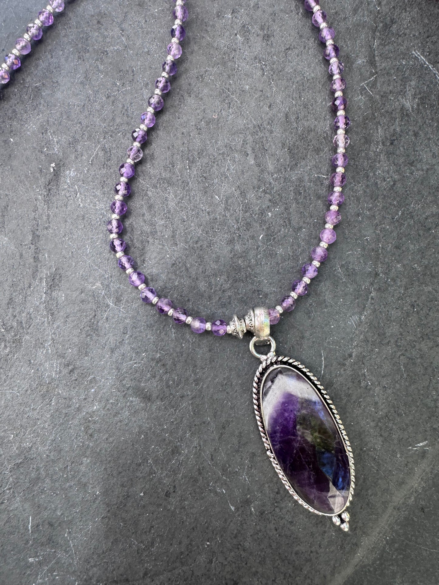 Amethyst stone, silver metal, necklace