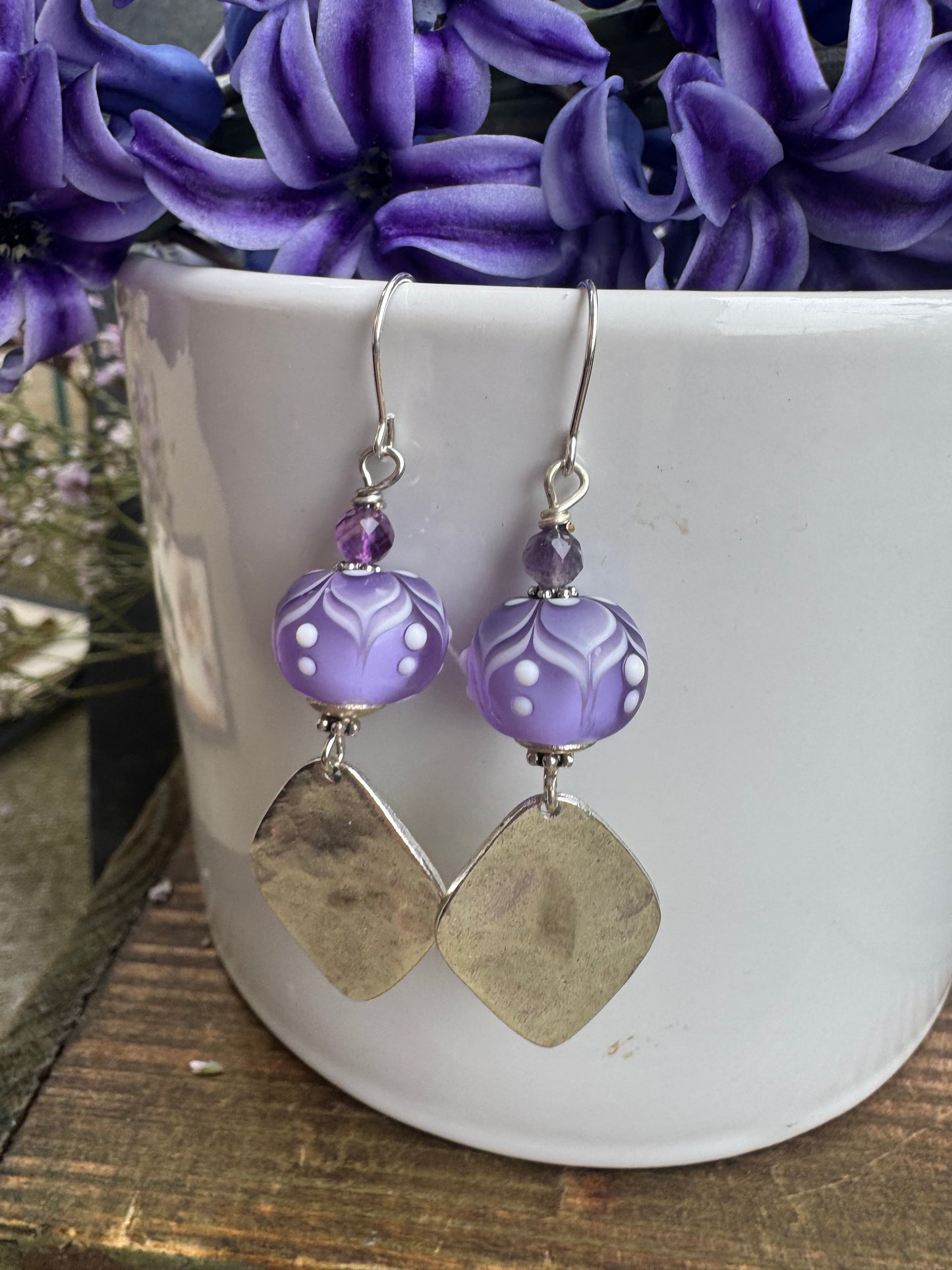 Handmade lampwork glass, silver charm, earrings
