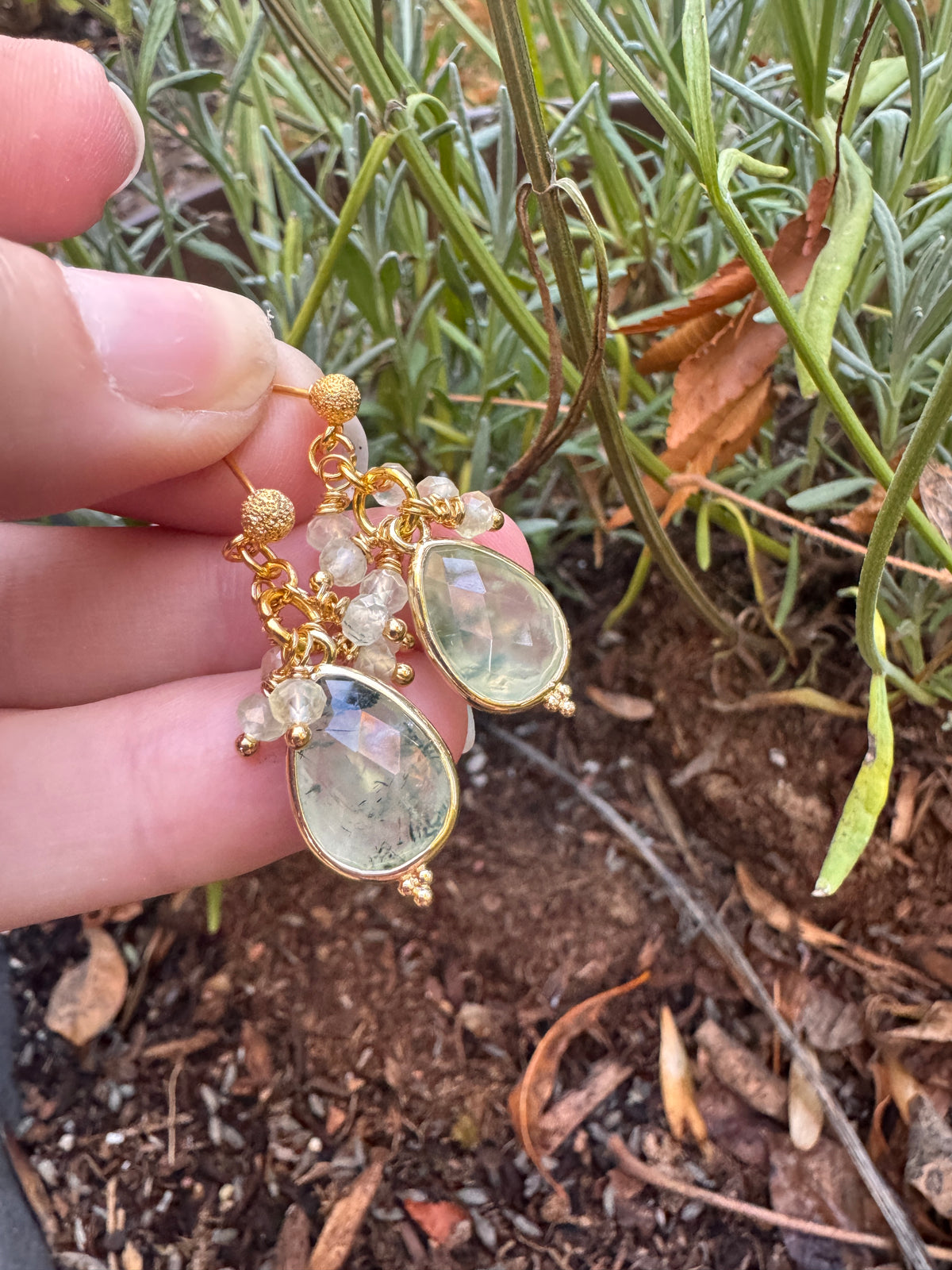 Prehnite stone, gold metal, drop, earrings