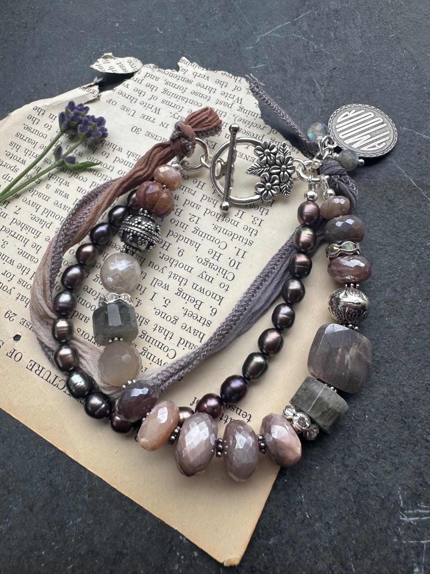 Peach & grey moonstone, grey pearls,  silk ribbon, and sterling silver metal.
