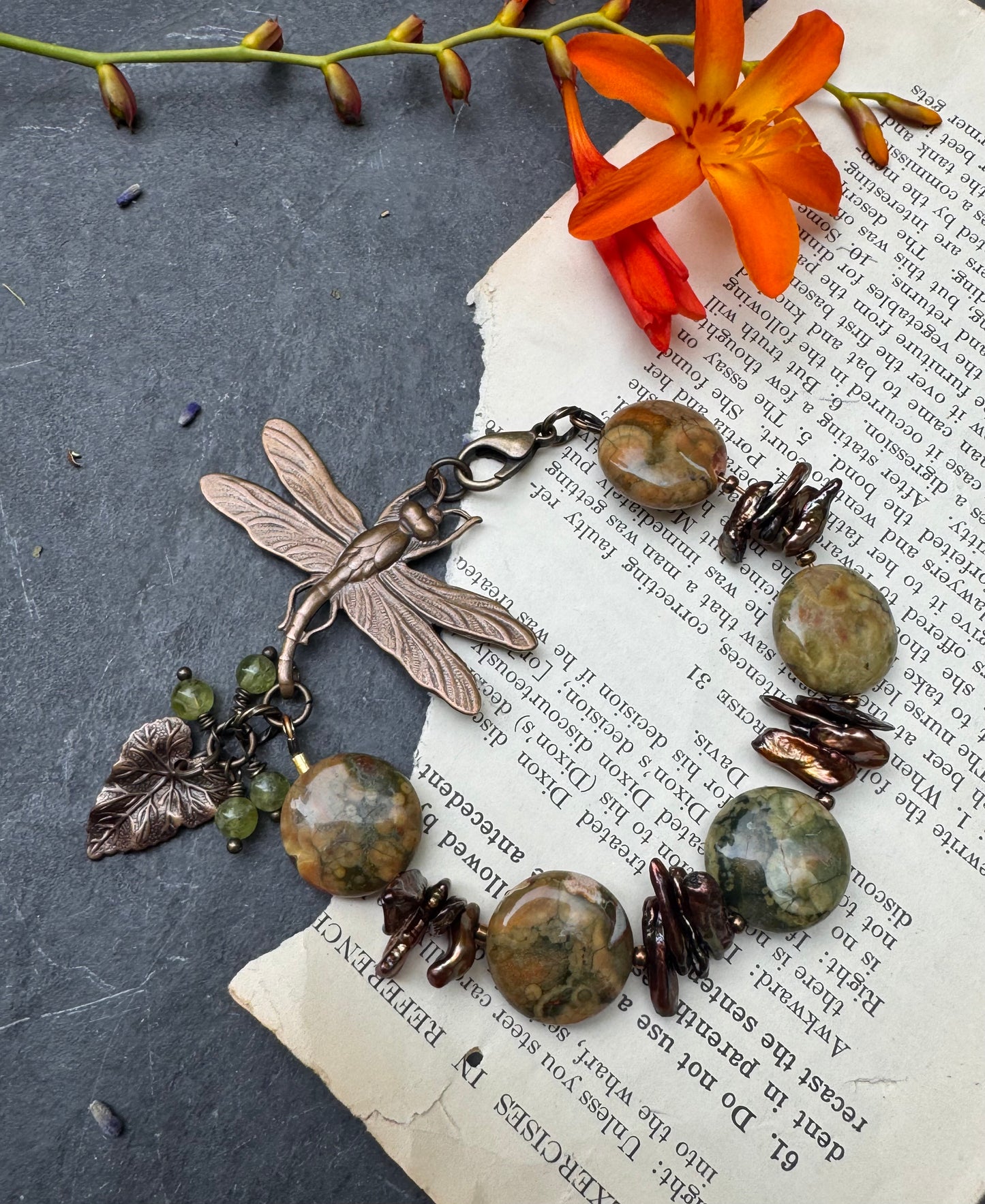 Green opal, brown pearls, peridot, Vintaj brass, bracelet.