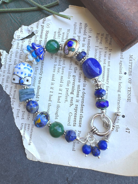 Owl. Blue and green. Stone, czech glass, lampwork glass, ceramic, silver metal.