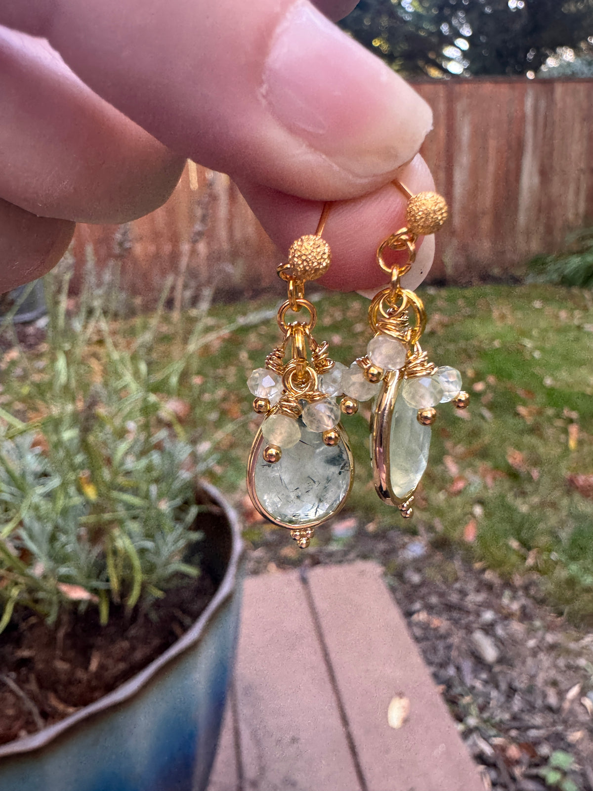 Prehnite stone, gold metal, drop, earrings
