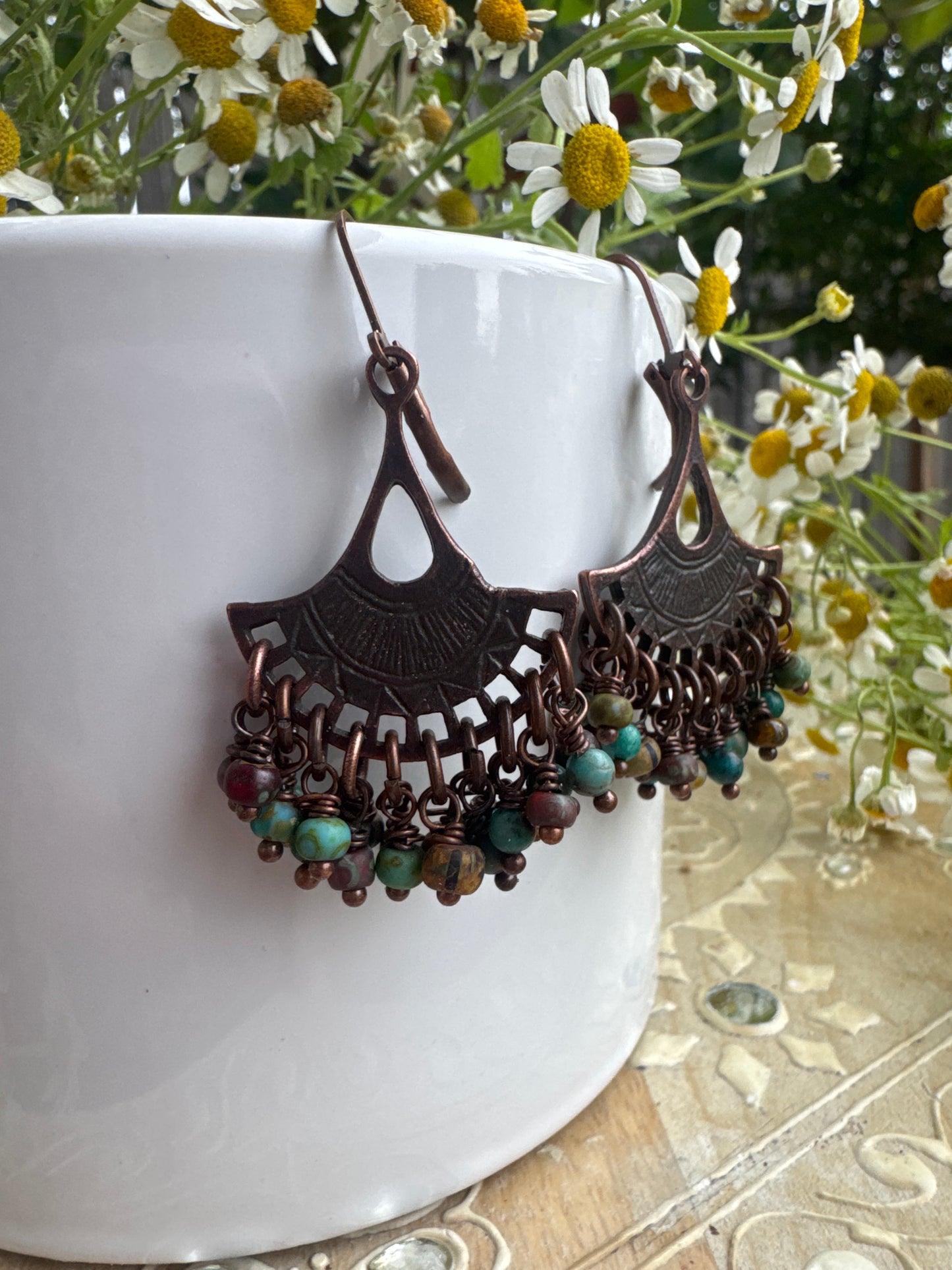 Czech glass,turquoise stone, copper charm, earrings