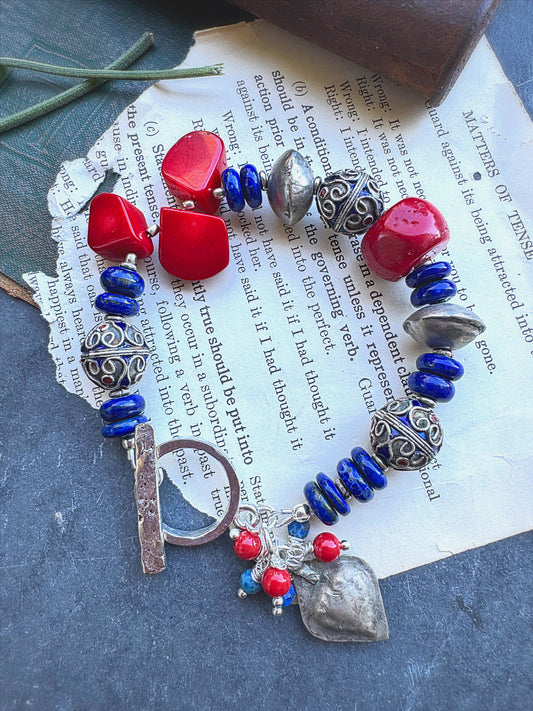 Lapis lazuli stone, red coral, silver metal, bracelet