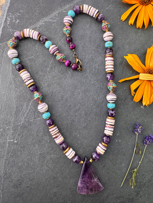 Wampum shell, turquoise, amethyst stone, Indonesian beads, necklace