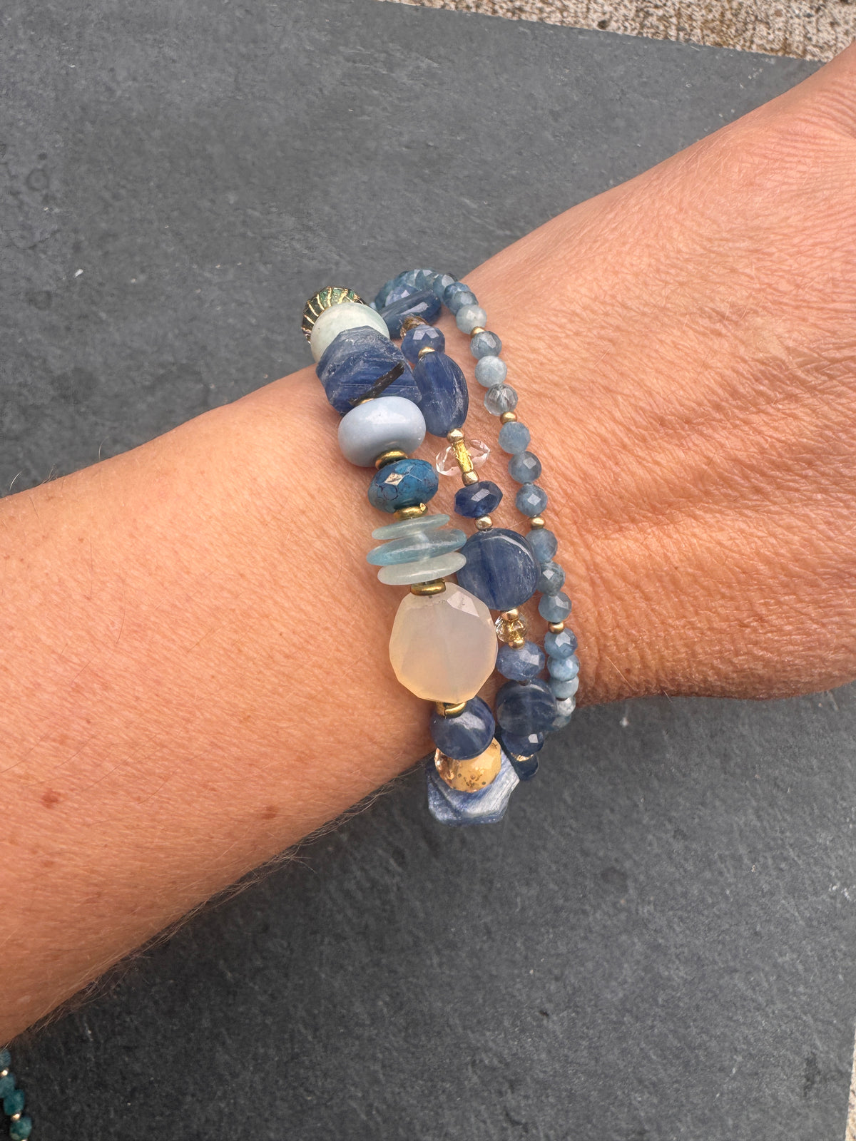 Kyanite, Chalcedony, blue opal, aquamarine stone, czech glass, brass, bracelet.