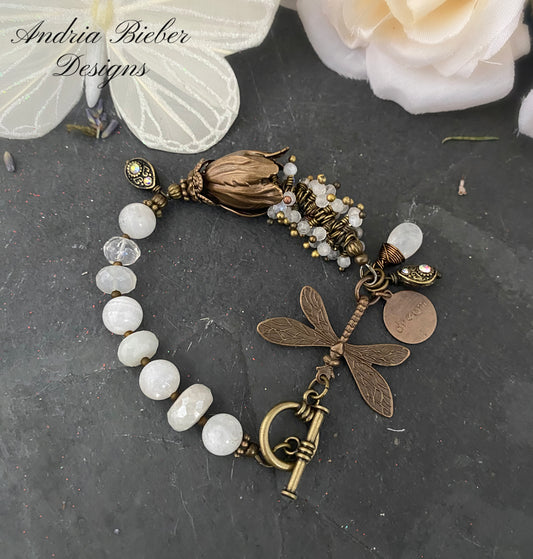Moonstone, dragonfly, charm bracelet