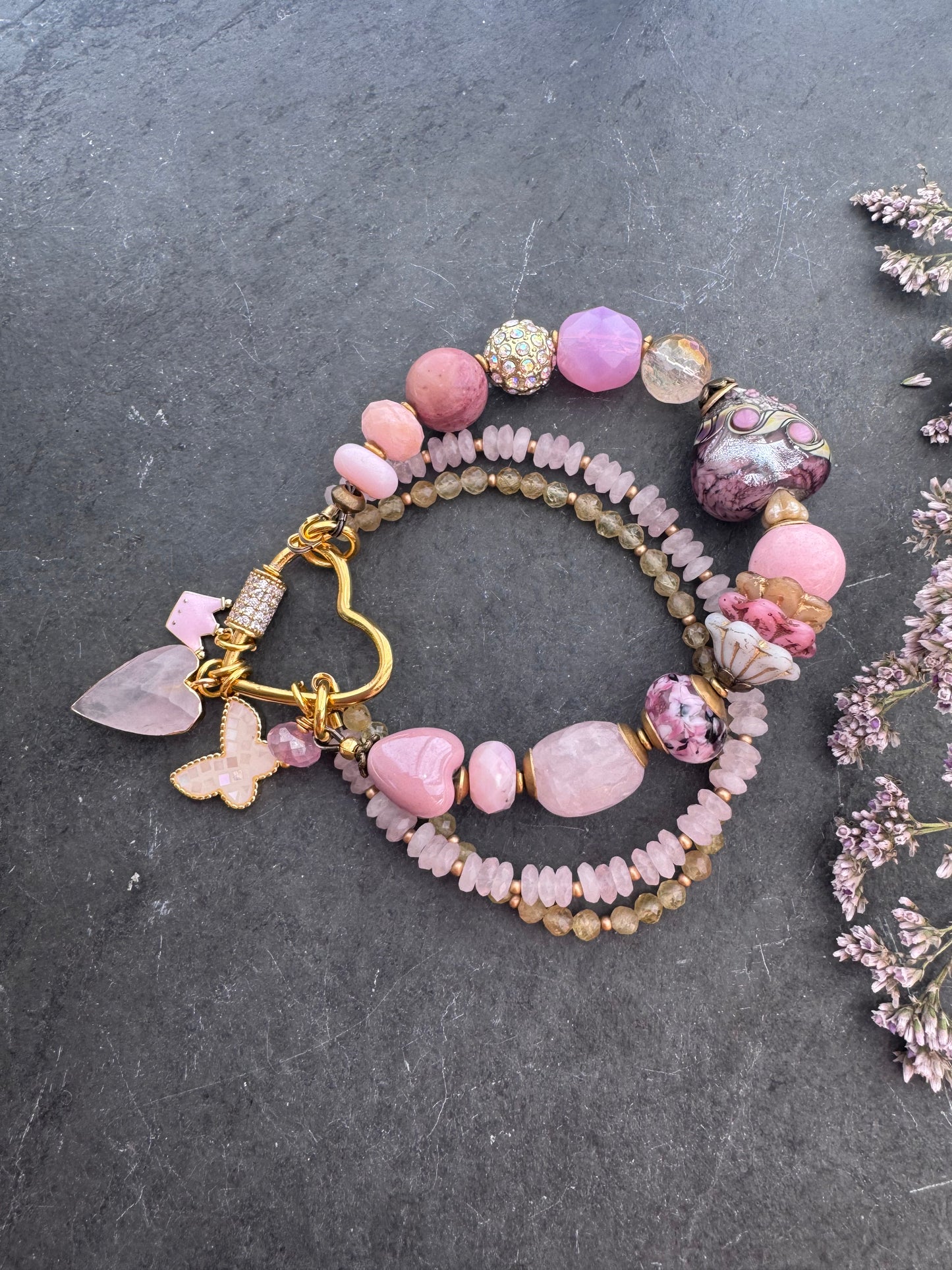 Pink love. lampwork glass, rose quartz, citrine, ceramic, moonstone, pink opal, rhinestone and Czech glass bracelet.