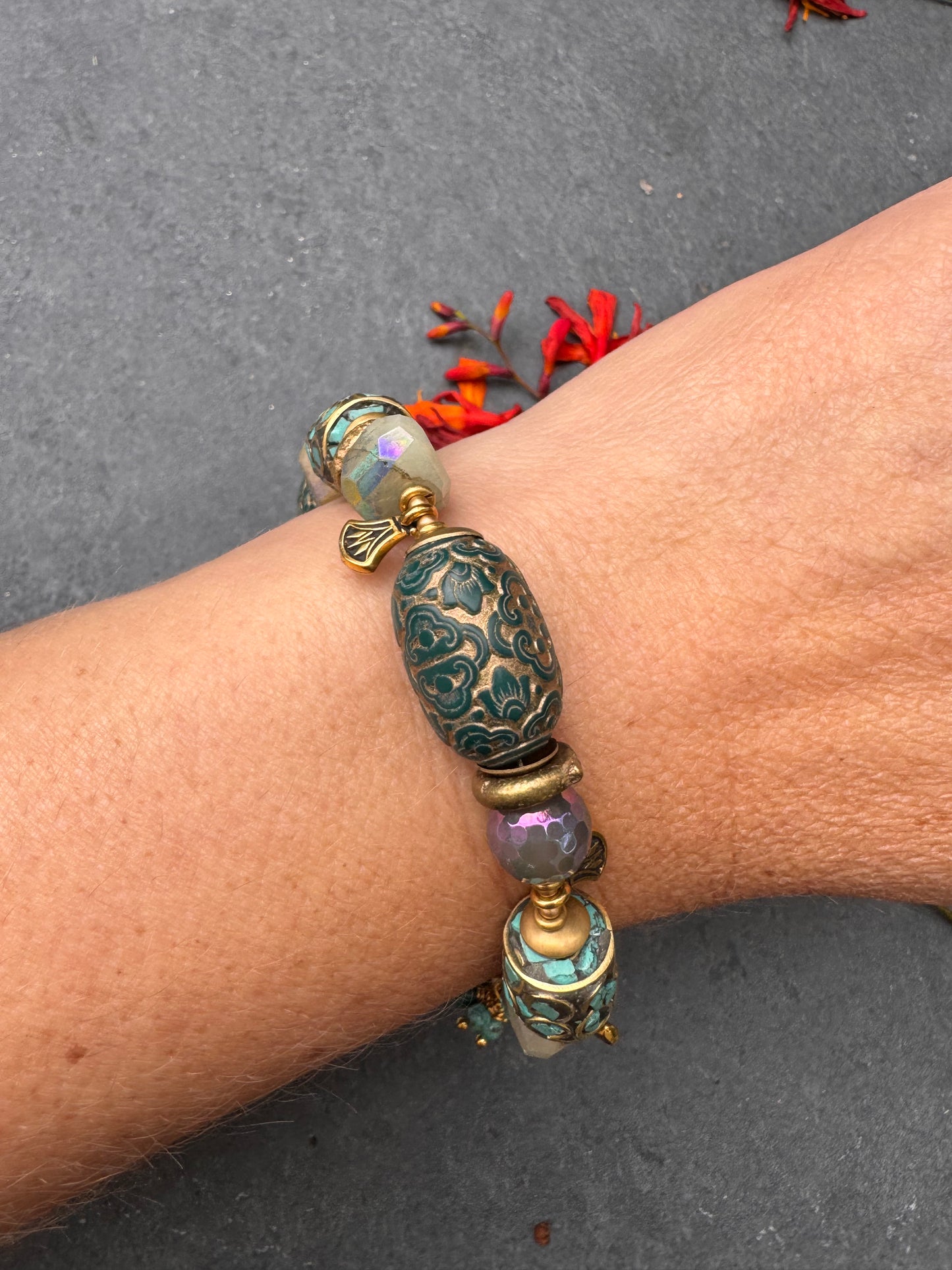 Nepal turquoise beads, AB chalcedony, Czech glass, huebei turquoise, gold metal, bracelet