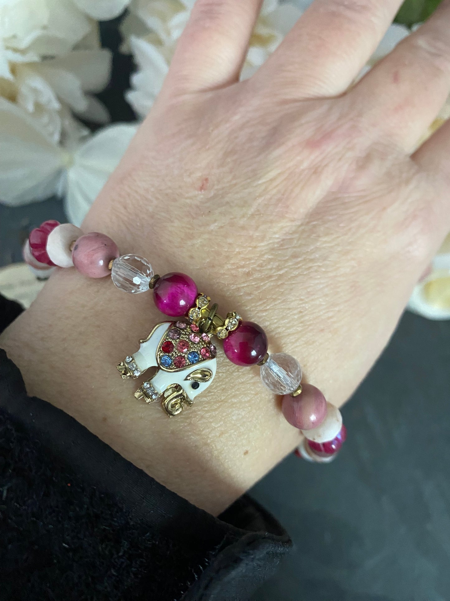 Pink gemstone mix, elephant crystal charm bracelet