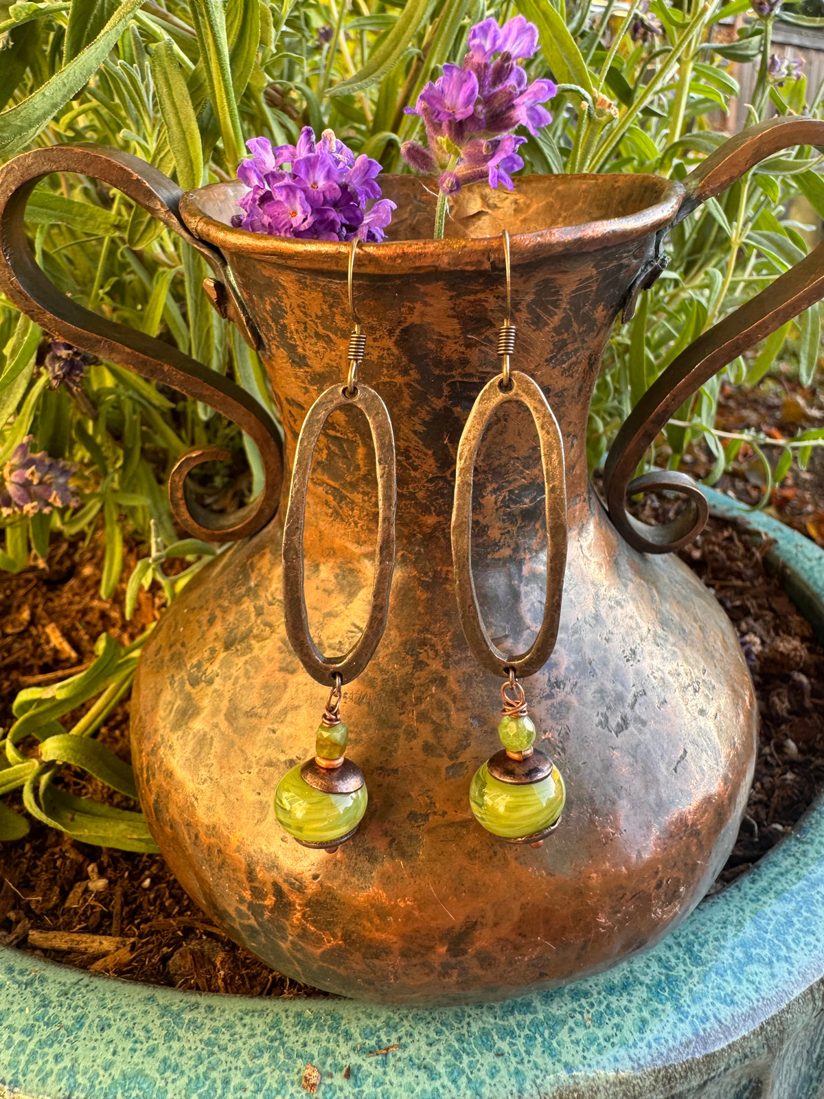 Olive green, Handmade lamp work Glass, bronze metal , earrings