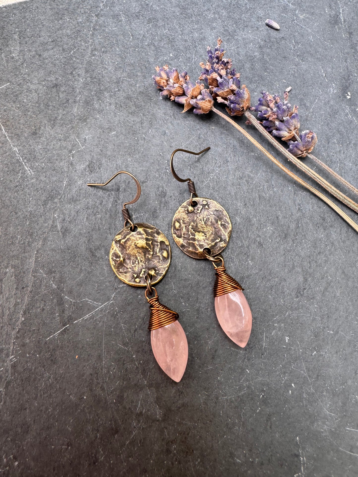 Rose quartz, brass metal, earrings