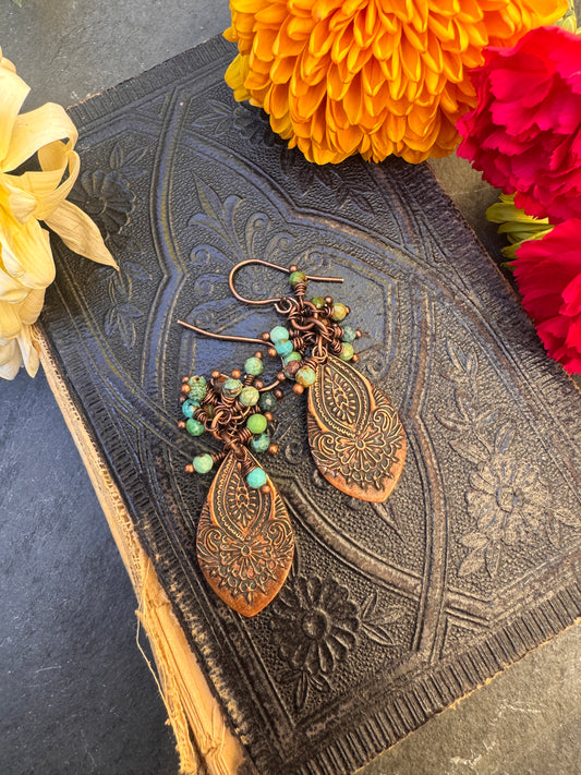 Hubei Turquoise faceted stones, handmade copper metal leaf charms, copper metal earrings
