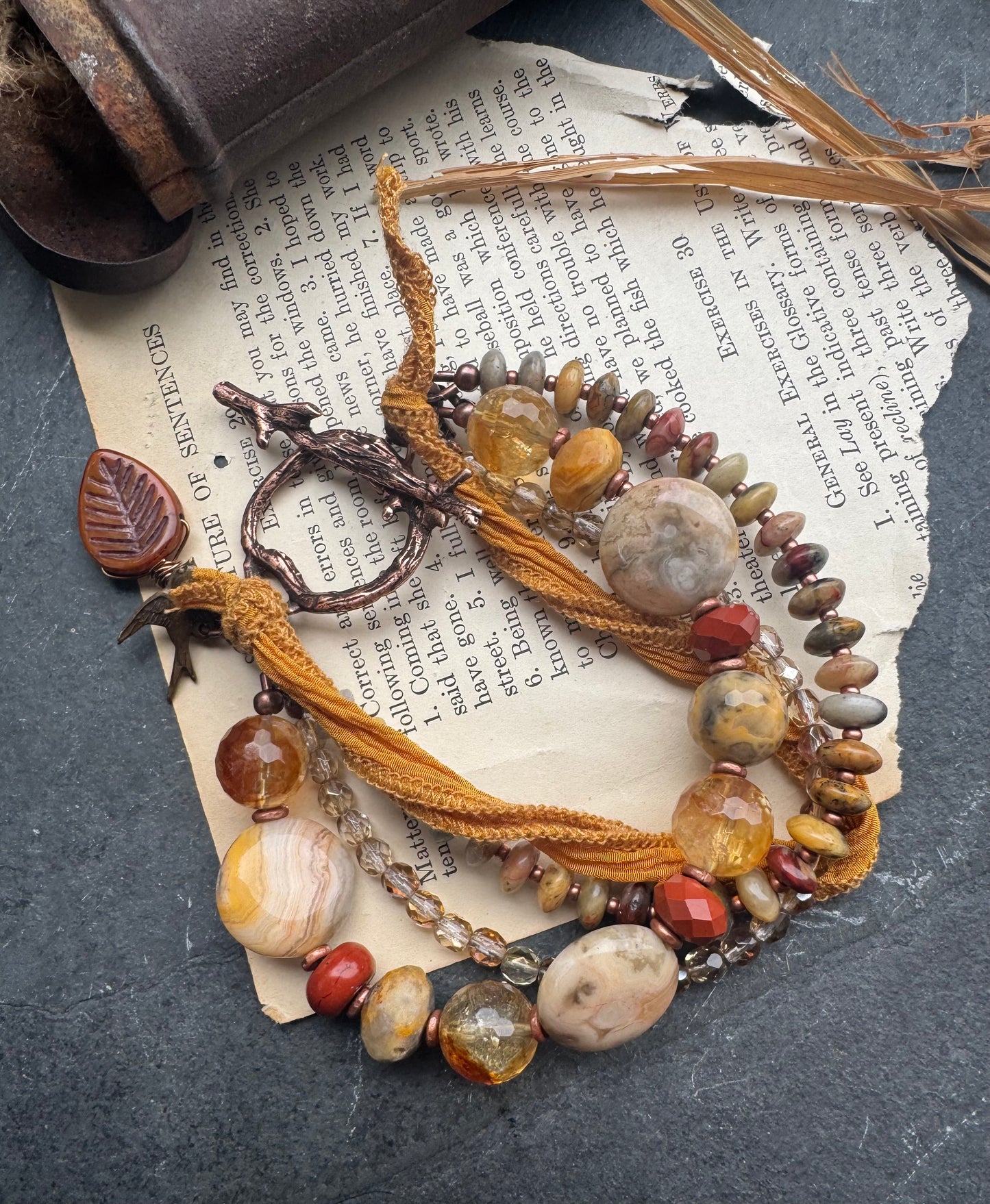 Red Jasper, crazy lace agate, citrine, silk ribbon, copper, crystal, bracelet.