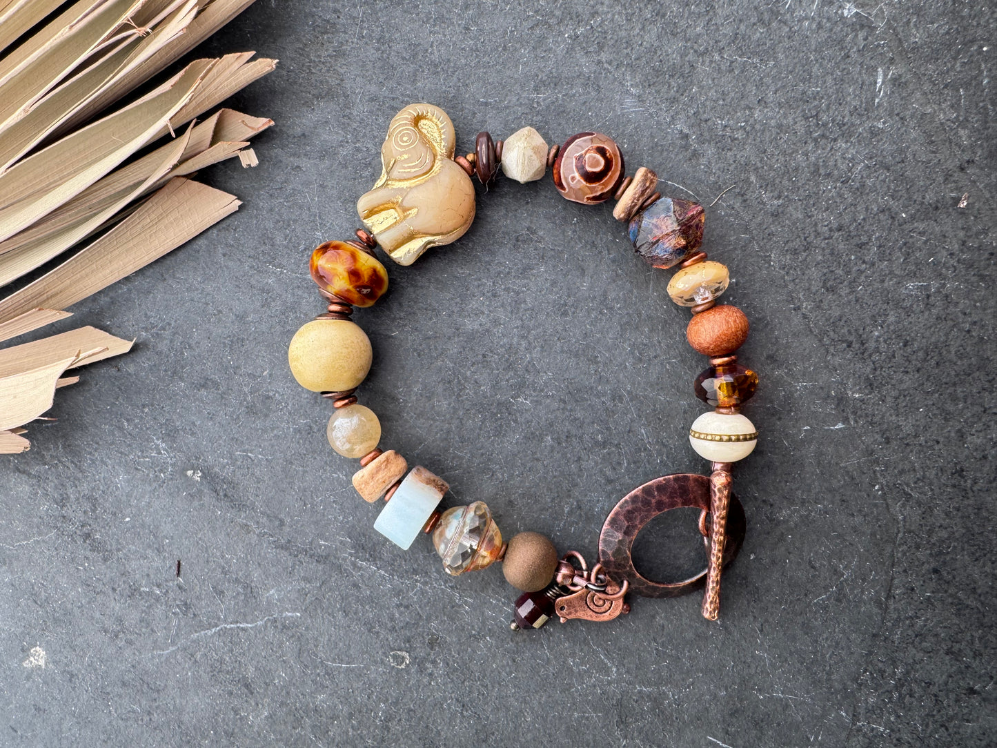 Lampwork glass, Czech glass, ceramic, Amazonite, copper bracelet