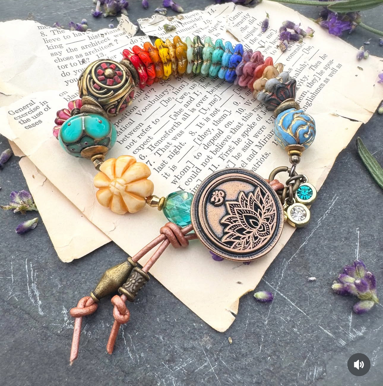 Lotus flower bronze button, Czech glass, Indonesian bead, bone, lampwork glass, African brass, bracelet