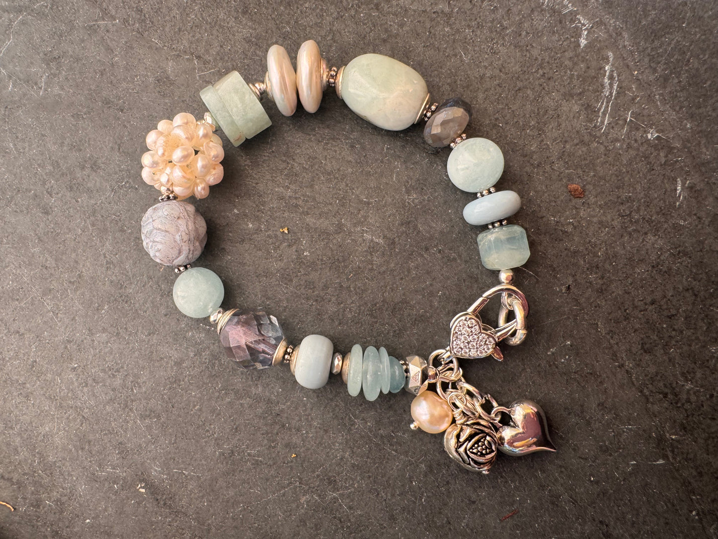 Aquamarine, blue opal, labradorite, pearls, czech glass, silver metal, bracelet