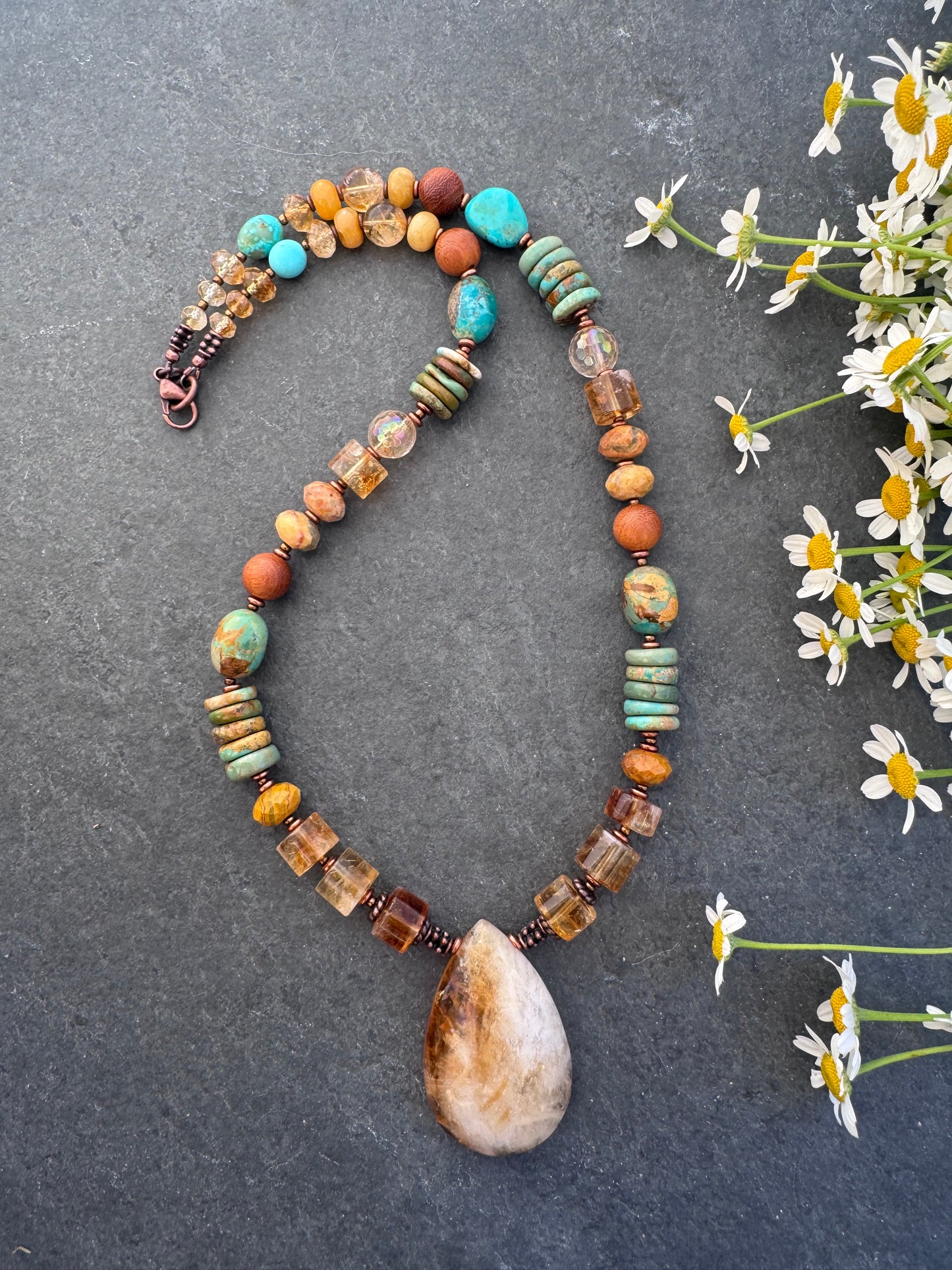 Turquoise, citrine, agate, copper metal, necklace