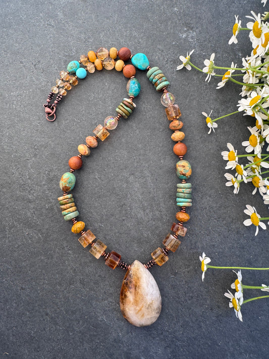 Turquoise, citrine, agate, copper metal, necklace