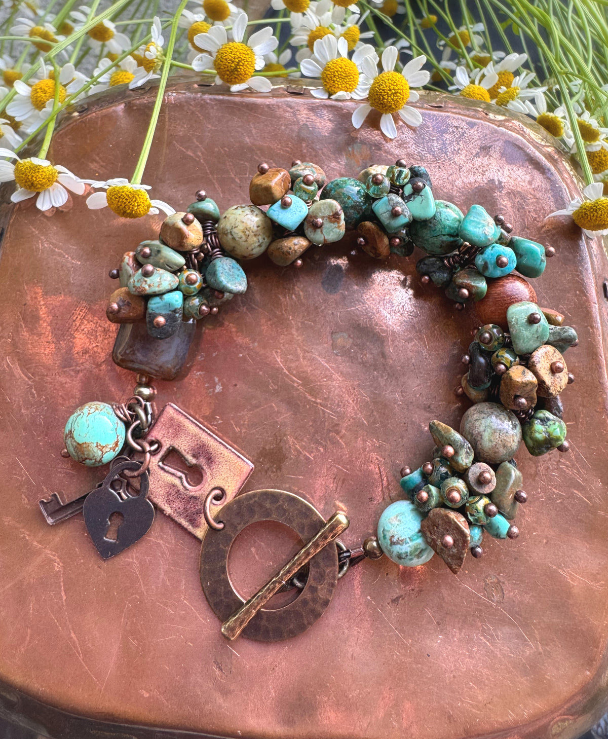 Turquoise, sandalwood, Czech glass, enamel, bracelet