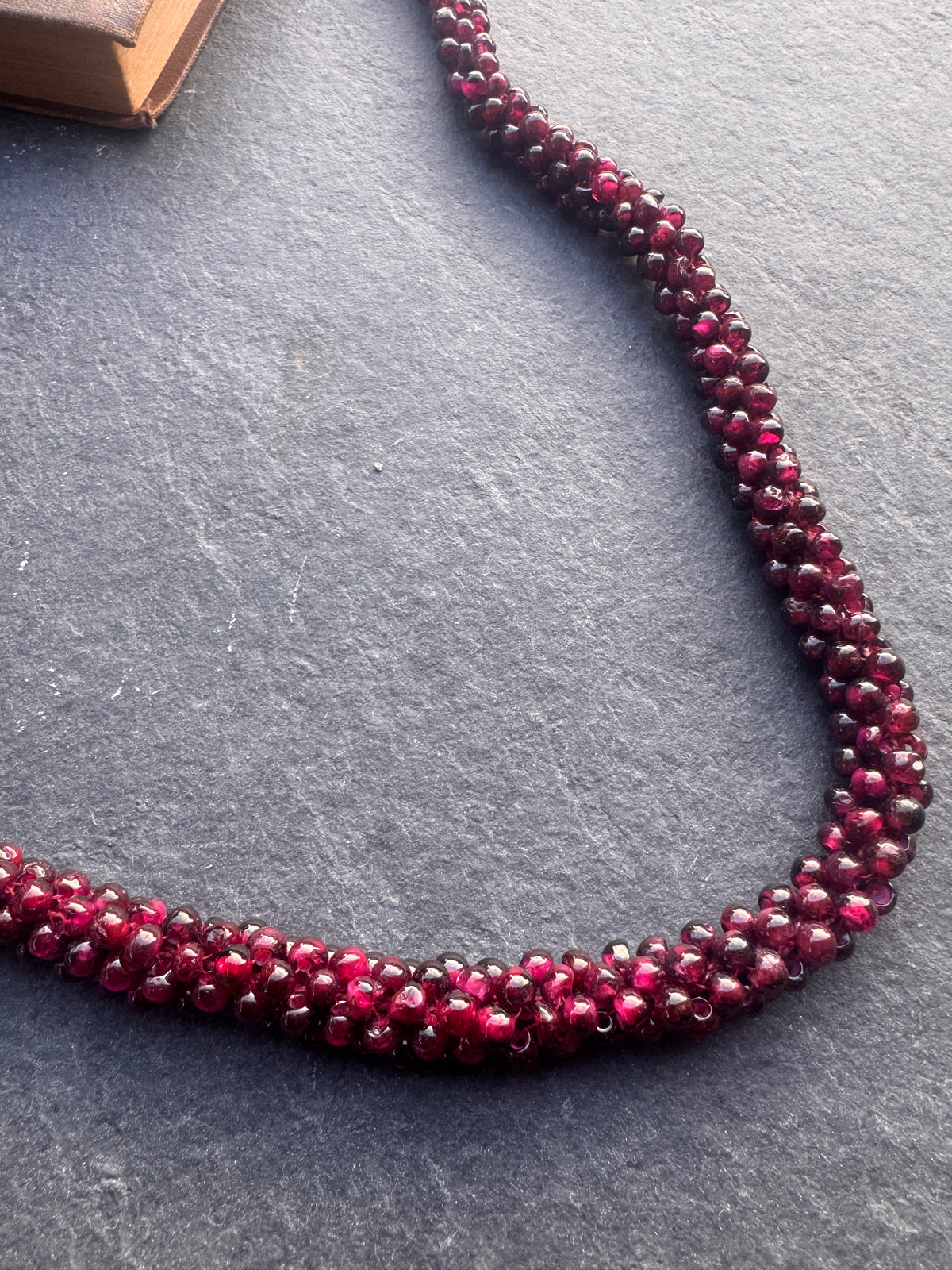 Garnet beaded rope chain, antique brass metal, necklace ￼